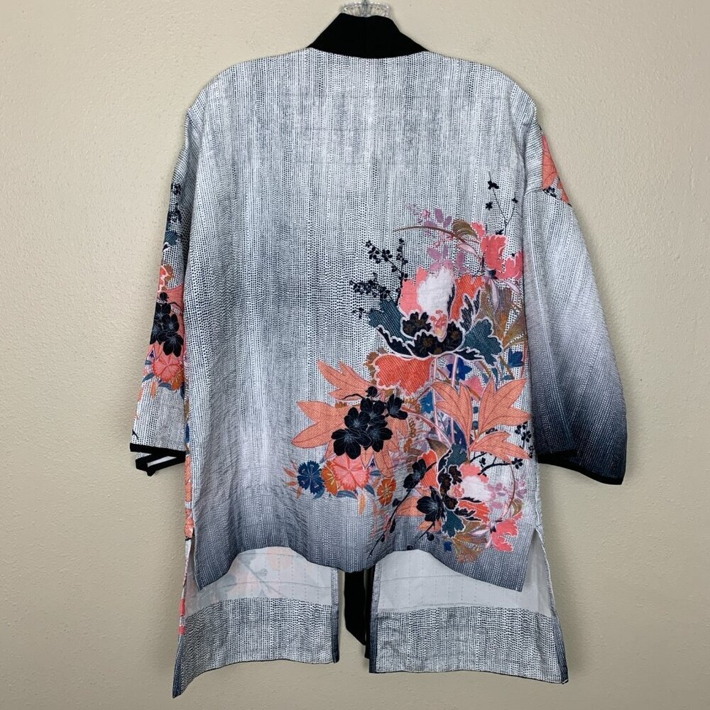 IC By Connie K Womens S Kimono Cardigan Floral Artsy Tie Asian Jacket Tunic Top - Picture 3 of 13